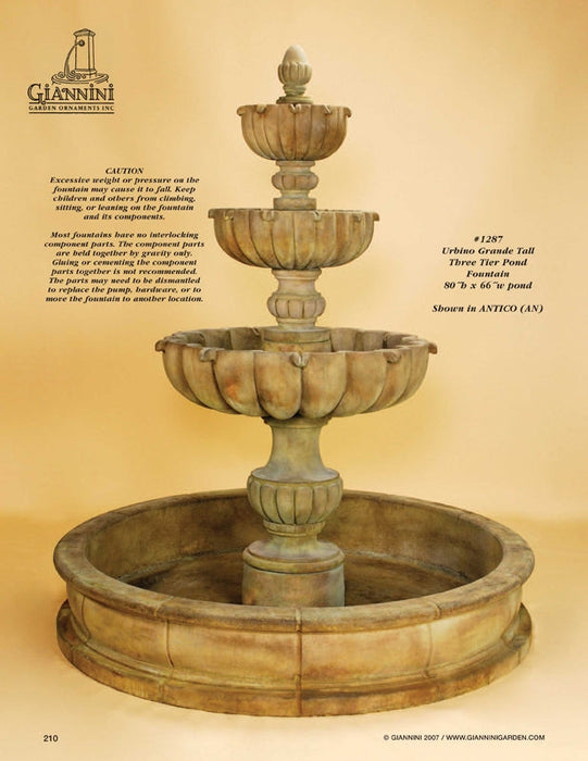 Giannini’s Garden Ornaments Urbino Grande Tall Three Tier Pond Fountain