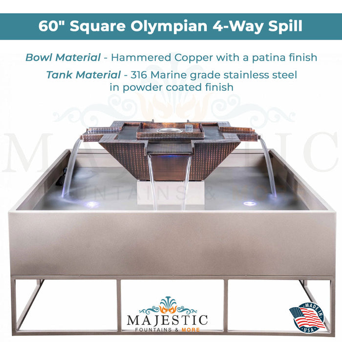 The Outdoor Plus 60" Square Olympian 4-Way Spill Fire & Water Bowl in Copper