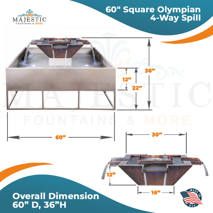 The Outdoor Plus 60" Square Olympian 4-Way Spill Fire & Water Bowl in Copper