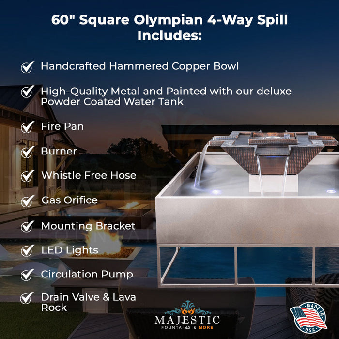 The Outdoor Plus 60" Square Olympian 4-Way Spill Fire & Water Bowl in Copper