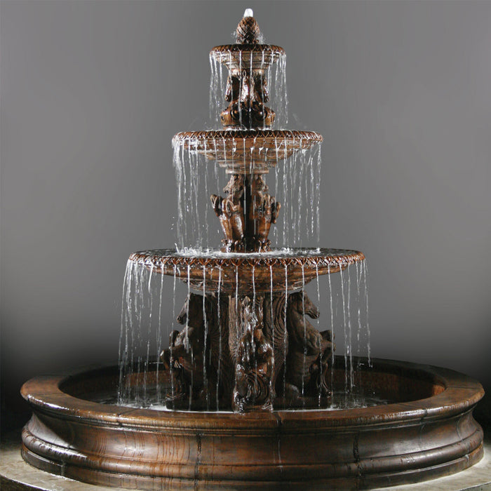 Al's Garden Art 3 Tier Cavalli Outdoor Water Fountain With 12 Foot Bracci Basin